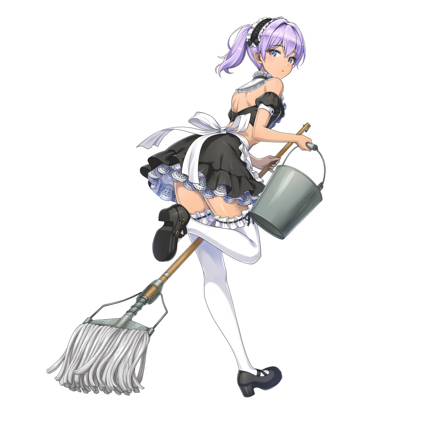 1girl alternate_costume apron black_dress blue_eyes bucket clothing_cutout dark-skinned_female dark_skin dolphin_wave dress enmaided frilled_apron frills game_cg high_heels highres holding holding_bucket holding_mop leg_up looking_at_another looking_at_viewer maid maid_apron maid_headdress medium_hair mop non-web_source official_alternate_costume official_art ootomo_takuji ponytail puffy_short_sleeves puffy_sleeves purple_hair running short_sleeves solo souma_hayate stomach_cutout tan thighhighs transparent_background waist_apron white_apron white_thighhighs