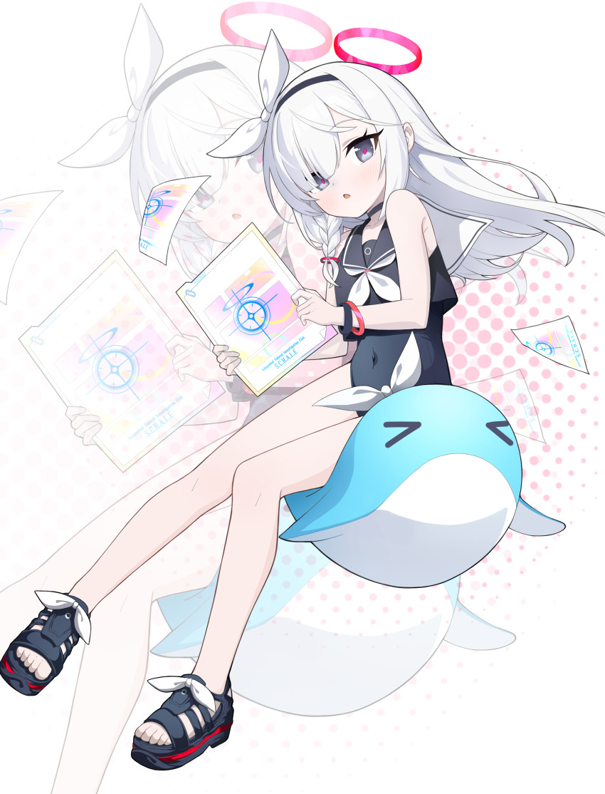 1girl absurdres arsene_(57109611) bare_arms bare_legs bare_shoulders black_choker black_eyes black_footwear black_hairband black_sailor_collar black_serafuku blue_archive blush braid choker commentary_request covered_navel dotted_background flat_chest folder footwear_ribbon full_body hair_over_one_eye hairband halo highres holding holding_folder long_hair looking_at_viewer multicolored_hair neckerchief one-piece_swimsuit open_mouth plana_(blue_archive) red_halo red_pupils ribbon sailor_collar sailor_one-piece_swimsuit sandals school_uniform serafuku shoes single_braid sitting sleeveless solo stuffed_animal stuffed_toy stuffed_whale swimsuit whale white_background white_hair white_neckerchief white_ribbon zoom_layer