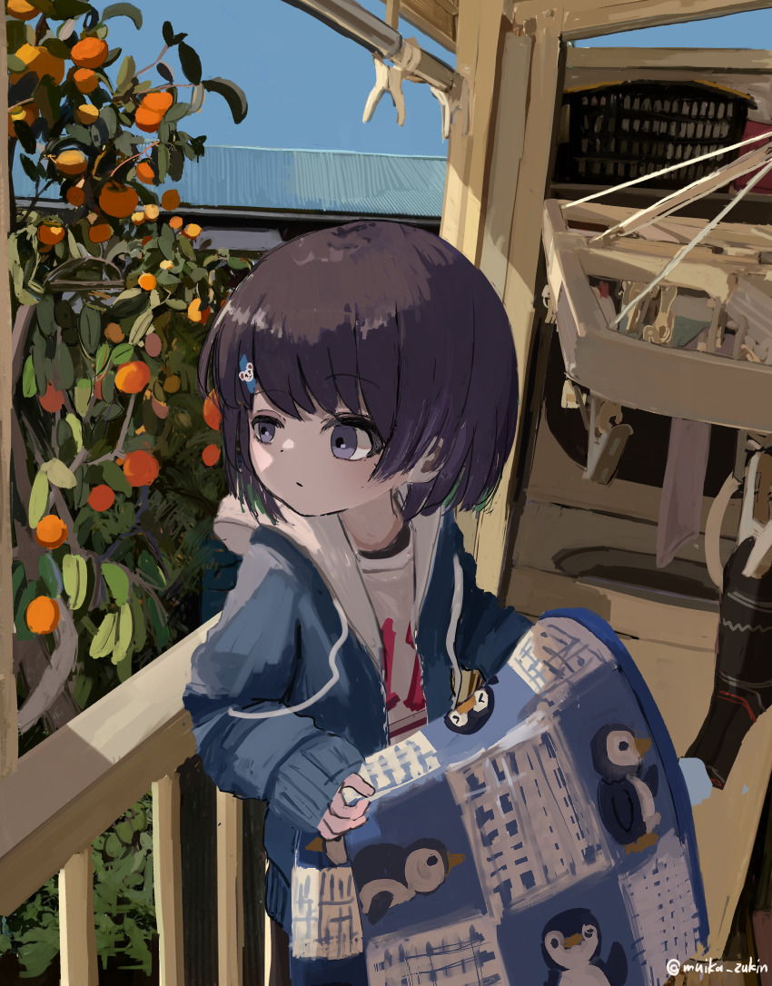 1girl absurdres bird black_hair blue_eyes food fruit highres hood hoodie laundry original outdoors penguin persimmon short_hair slice_of_life solo tree wanigumo