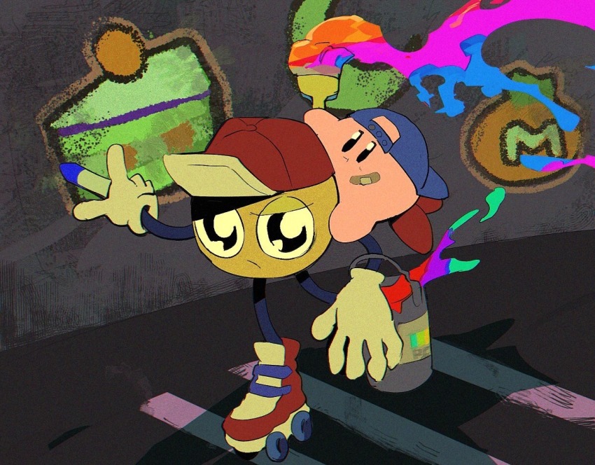 backwards_hat baseball_cap graffiti hat kirby kirby_(series) nintendo outdoors paint_can paint_roller_(kirby) paintbrush painting_(action) roller_skates skates soumenhiyamugi