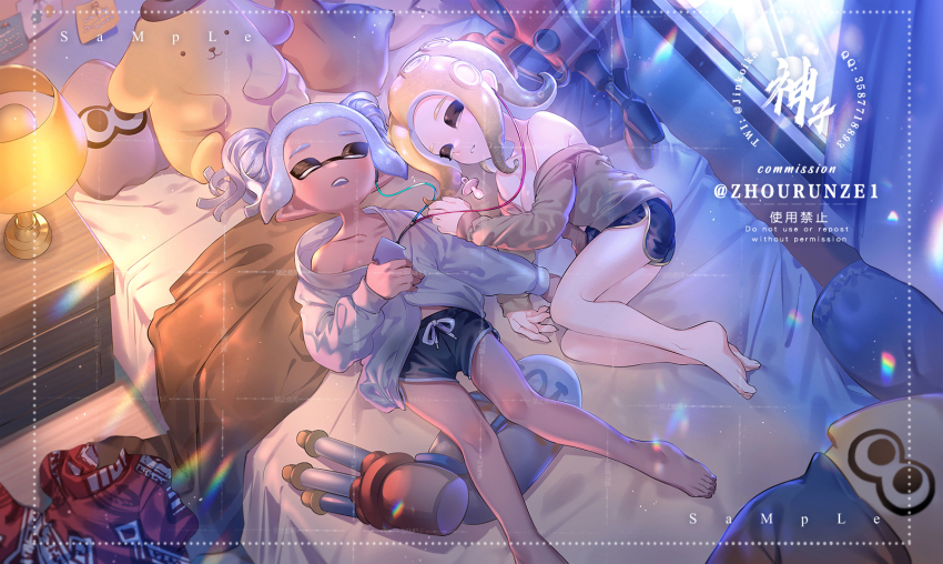2girls artist_name bare_shoulders barefoot black_shorts blonde_hair cardigan closed_eyes collarbone commentary commission commissioner_name dark-skinned_female dark_skin dolphin_shorts dualie_squelchers_(splatoon) earphones full_body grey_cardigan highres holding holding_phone hydra_splatling_(splatoon) indoors inkling inkling_girl inkling_player_character jinkoika lamp long_sleeves lying medium_hair multiple_girls nintendo octoling octoling_girl octoling_player_character off_shoulder on_back on_bed on_side open_mouth pacifier parted_bangs parted_lips phone pointy_ears purple_hair red_shirt shared_earphones shirt short_hair short_twintails shorts sidelocks sleeping slice_of_life splatoon_(series) stuffed_squid stuffed_toy symbol-only_commentary tentacle_hair twintails unworn_shirt yellow_cardigan