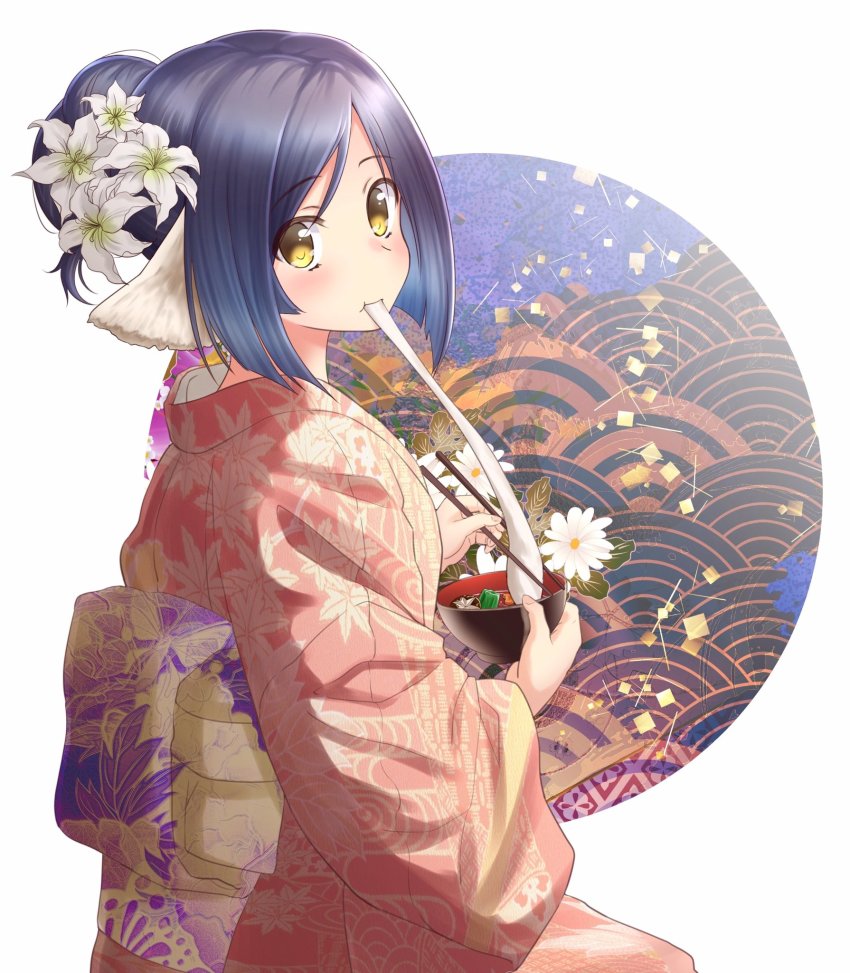 1girl animal_ears aquaplus blush bowl chewing eating festival flower flower_on_head food from_behind gradient_eyes hair_between_eyes hair_bun hair_up highres holding holding_bowl japanese_clothes kimono kuon_(utawarerumono) lily_(flower) long_hair long_sleeves looking_at_viewer multicolored_eyes nike_abc noodles raised_eyebrows sidelocks sitting solo swept_bangs udon utawarerumono utawarerumono:_itsuwari_no_kamen wide_sleeves yellow_eyes yukata