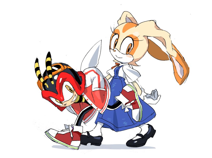 1boy 1girl absurdres alternate_costume animal_ears animal_nose arthropod_boy bee_boy black_footwear blue_dress charmy_bee closed_mouth cream_the_rabbit dress full_body furry furry_female furry_male gloves hands_in_pockets helmet highres insect_wings jacket letterman_jacket open_clothes open_jacket orange_eyes red_footwear red_jacket shoes simple_background smile sonic_(series) standing tail tokiwa757 walking white_background white_gloves wings yellow_eyes