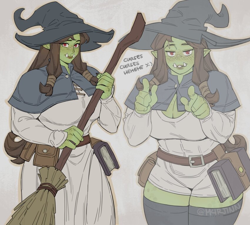 1girl belt blue_capelet blue_hat book breasts broom brown_belt brown_hair capelet cleavage colored_skin english_text female_orc fraeya_(m4rjinn) freckles green_skin hat highres holding holding_broom long_hair long_sleeves looking_at_viewer m4rjinn muscular muscular_female nightgown orc original pointy_ears red_eyes smile solo strong tusks white_nightgown witch_hat