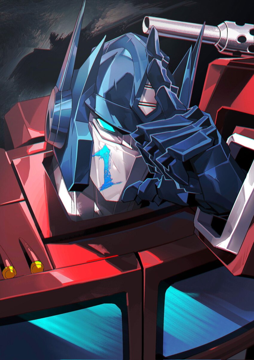 blue_eyes energon highres humanoid_robot machine mask mecha mouth_mask no_humans optimus_prime robot science_fiction seafood_pie smokestack transformers transformers:_generation_1