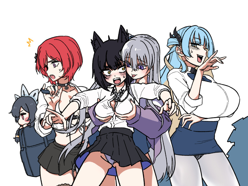 5girls adapted_costume alternate_hairstyle amesuku_gyaru animal_ears aqua_hair bag black_bra black_choker black_hair blonde_hair blue_eyes blush_stickers bra braid braided_ponytail breasts brooch cardigan cheona_(last_origin) chibi choker cleavage collared_shirt colored_inner_hair dog_ears dog_girl dragon_tail fafnir_(last_origin) forked_tongue grey_hair gyaru hair_ornament highres huge_breasts janghwa_(last_origin) jewelry kogal large_breasts last_origin long_hair long_sleeves maid_headdress medium_breasts mini_black_wyrm_(last_origin) miniskirt mogijabgo multicolored_eyes multicolored_hair multiple_girls one_side_up pantyhose pleated_skirt purple_eyes red_hair school_bag school_uniform sexual_harassment shirt short_hair skirt tail thighhighs tied_shirt tongue two-tone_eyes two-tone_hair underwear vargr_(last_origin) very_long_hair white_background white_pantyhose yellow_eyes