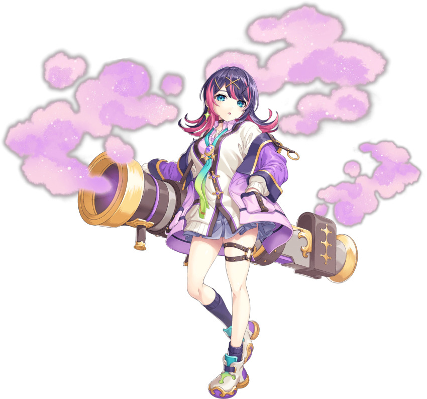 1girl andromeda_(legend_clover) artist_request blue_eyes breasts collar earrings highres jacket jewelry legend_clover multicolored_hair official_art open_clothes open_jacket open_mouth pink_hair purple_hair short_hair third-party_source
