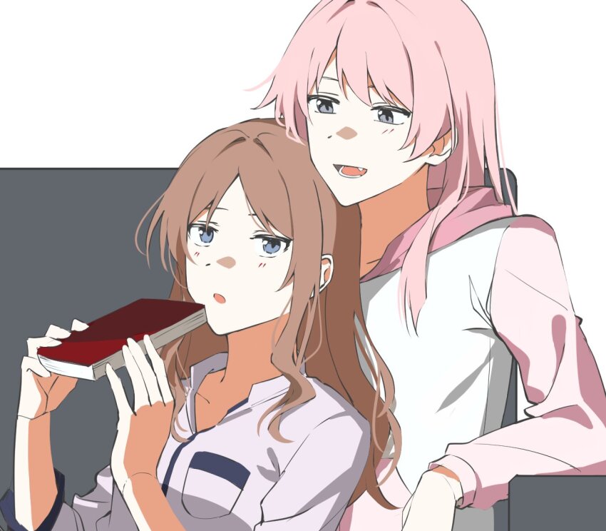 2girls bang_dream! bang_dream!_it&#039;s_mygo!!!!! blue_eyes blush book brown_hair chihaya_anon chin_rest grey_background grey_eyes head_on_another&#039;s_shoulder head_on_head head_rest holding holding_book hood hoodie long_hair multiple_girls nagasaki_soyo open_mouth pink_hair pink_hoodie purple_shirt shirt smile thea01010 two-tone_background two-tone_hoodie white_background white_hoodie yuri