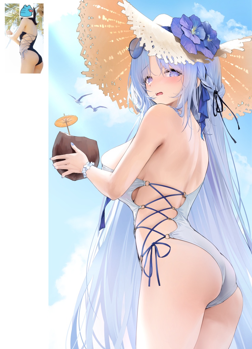 1girl absurdres alsace_(azur_lane) alternate_costume azur_lane blue-tinted_eyewear blue_eyes blue_flower blue_hair blush breasts coconut commentary_request cowboy_shot eyewear_on_head flower food from_side fruit hat hat_flower highres holding holding_food holding_fruit janload1ng large_breasts long_hair looking_at_viewer looking_to_the_side one-piece_swimsuit outdoors parted_lips photo-referenced photo_inset reference_inset side_slit sideboob solo straw_hat sunglasses swimsuit tinted_eyewear very_long_hair white_one-piece_swimsuit