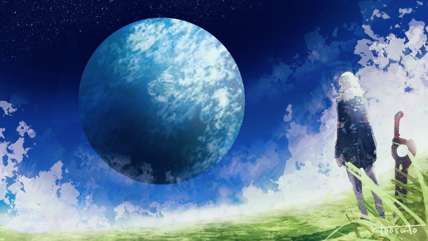 1boy alvis_(xenoblade) artist_name blue_coat blue_sky cloud coat commentary field highres male_focus monado on_grass planet planted planted_sword planted_weapon scenery sky solo standing star_(sky) sword toosut0 twitter_username watermark weapon white_hair xenoblade_chronicles_(series) xenoblade_chronicles_1 xenoblade_chronicles_3