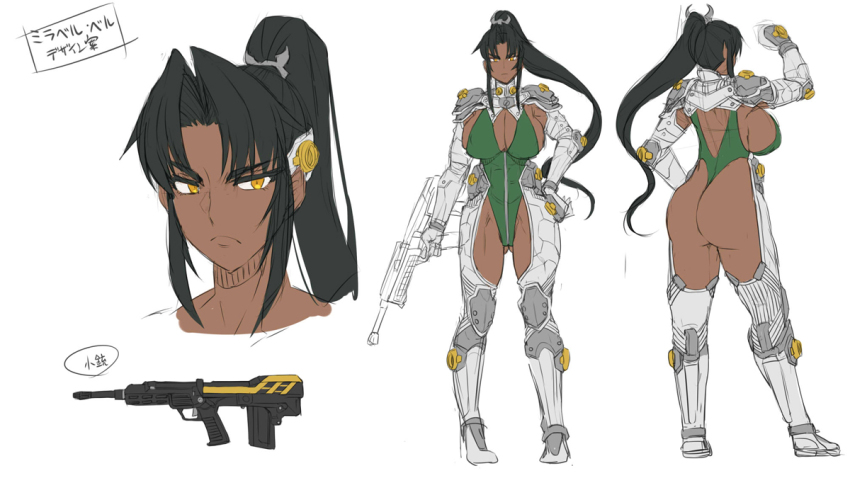 00s 1girl ass assault_rifle assault_shooter back black_hair breasts bullpup cleavage concept_art covered_erect_nipples dark-skinned_female dark_skin female_focus gun hand_up high_ponytail highleg highleg_leotard holding holding_weapon huge_breasts leotard lilith-soft long_hair mirabell_bell muscular obui orange_eyes ponytail reference_sheet rifle sideboob simple_background sketch solo taimanin_(series) taimanin_asagi taimanin_asagi_kessen_arena thighs weapon