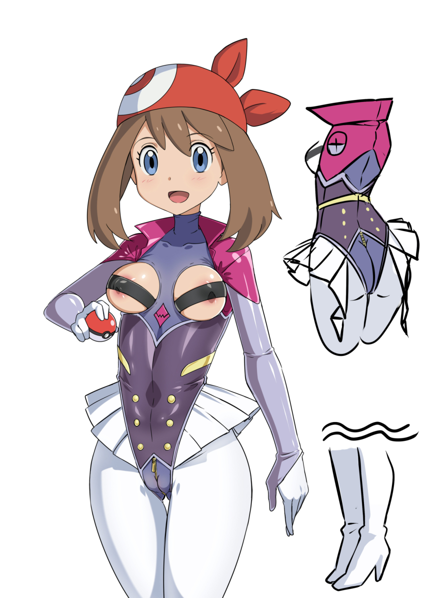 1girl blue_eyes blush breastless_clothes breastless_leotard breasts brown_hair cameltoe cosplay gen_6_pokemon gozaru highres holding holding_poke_ball leotard looking_at_viewer malamar malamar_(cosplay) may_(pokemon) medium_breasts neon_lights nintendo nipples no_humans poke_ball pokemon pokemon_(creature) pokemon_rse reference_sheet revealing_clothes see-through_clothes see-through_leotard shiny_skin wide_hips