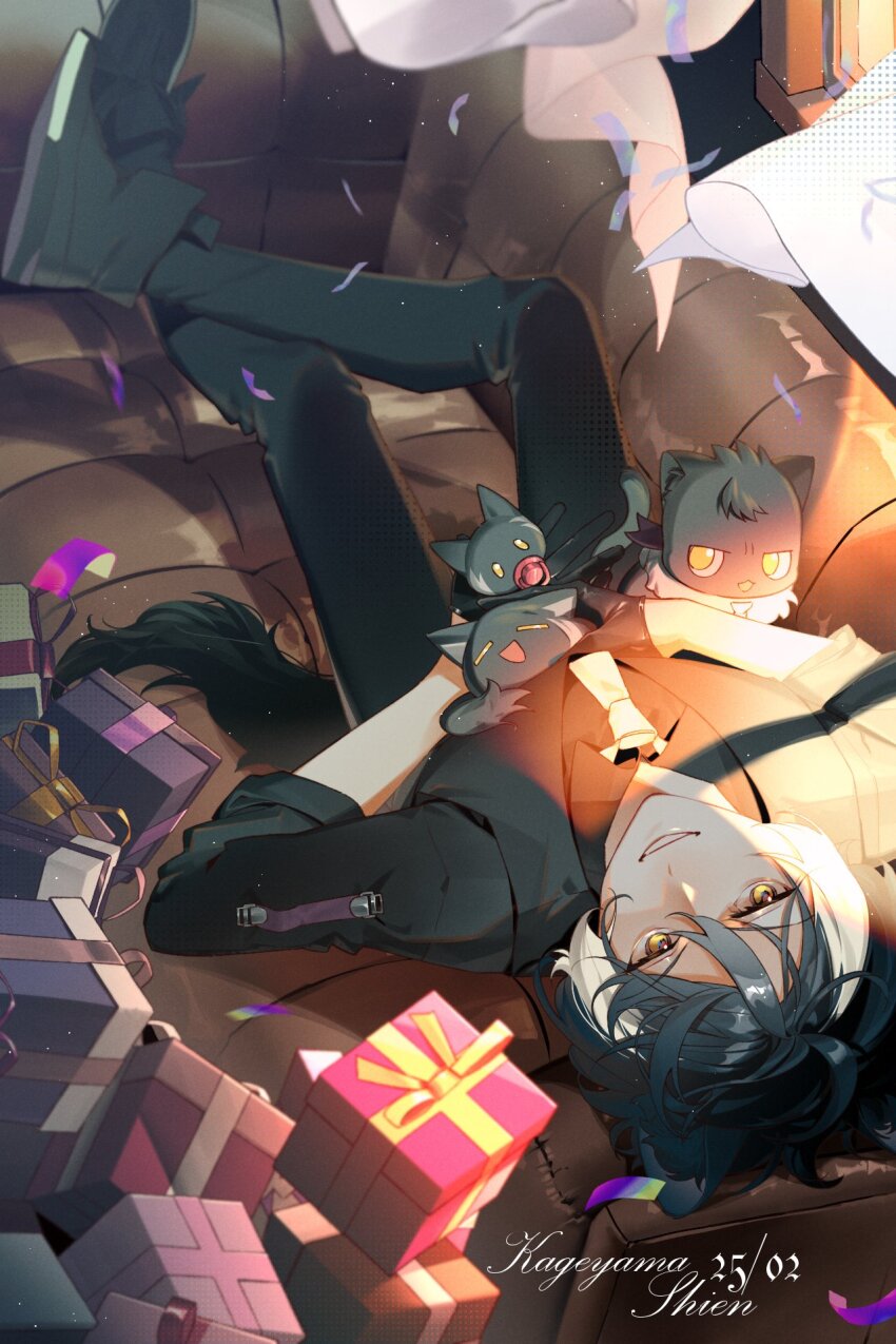 1boy animal_ears black_gloves black_hair black_shirt character_name dated_commentary from_above gift gloves hair_between_eyes half_gloves highres holostars jackal_boy jackal_ears jackal_tail juu_(45_jujut) kageyama_shien kageyama_shien_(1st_costume) long_sleeves looking_at_viewer lying male_focus multicolored_hair necktie nekoyama_shien on_back pants shirt short_hair smile streaked_hair two-tone_hair upside-down virtual_youtuber white_hair white_necktie yellow_eyes