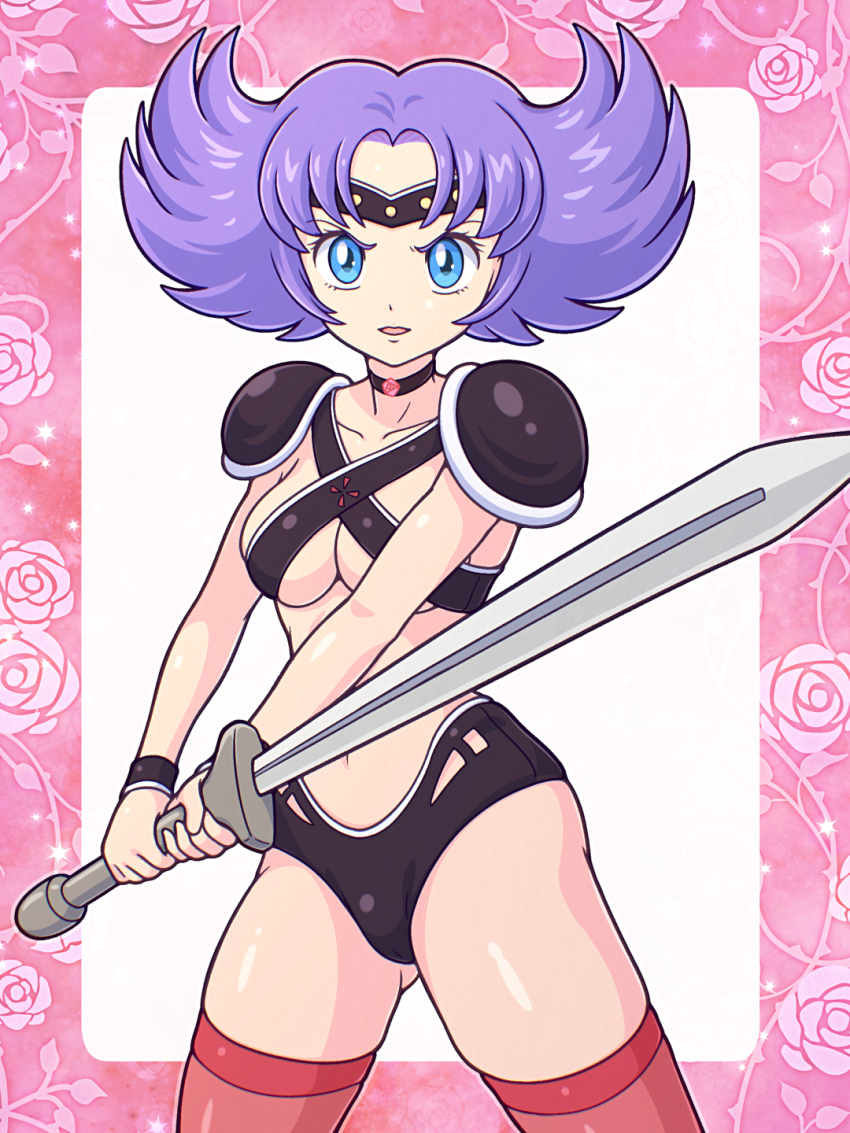 1girl armor bikini_armor black_choker blue_eyes border bracelet breasts choker collarbone commentary_request eyelashes haru_kanata highres holding holding_sword holding_weapon jewelry looking_at_viewer navel open_mouth outside_border parted_lips pink_border prime_rose purple_hair short_hair shoulder_armor solo spiked_hair studded_headband sword tachi_emiya thighhighs underboob weapon