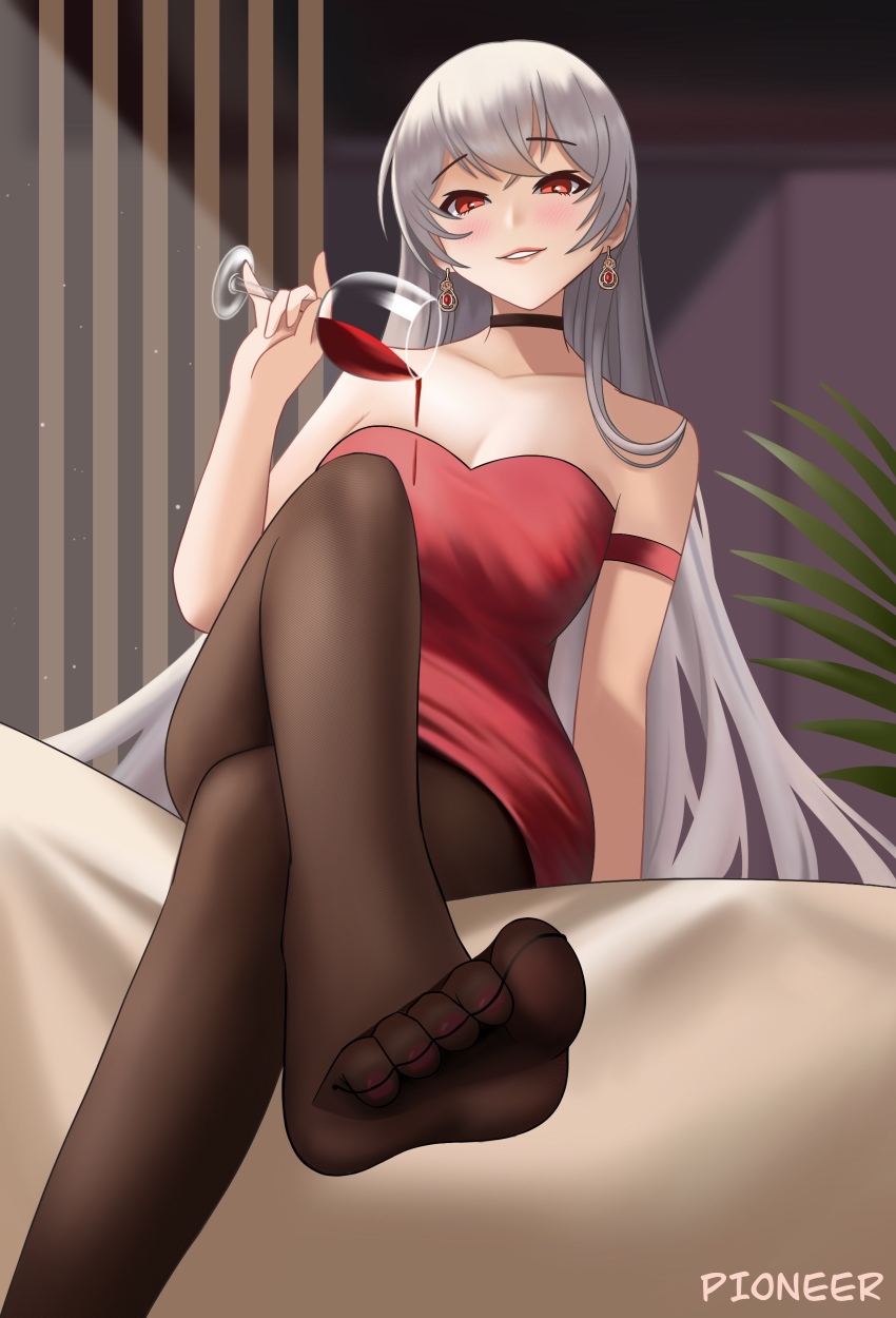1girl absurdres alcohol arm_strap arm_support bed_sheet black_choker breasts brown_pantyhose choker cleavage collarbone crazy_ones crossed_bangs crossed_legs cup curtains dress earrings feet foot_focus foot_up gold_earrings grey_hair hair_between_eyes highres holding holding_cup jewelry legs light_blush light_particles light_rays long_hair looking_at_viewer medium_breasts no_shoes on_bed pantyhose parted_lips pink_lips pouring pouring_onto_self raised_eyebrows red_dress red_eyes red_wine short_dress sitting smile solo strapless strapless_dress sunbeam sunlight teeth very_long_hair wine xia_bing_(crazy_ones) zekong_pioneer