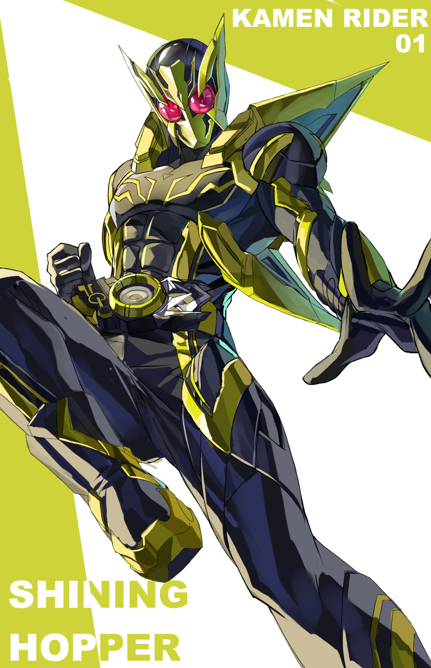1boy absurdres alternate_costume antennae armor belt bug clenched_hand feimao_(angelcat) finishing_move gloves grasshopper green_armor green_background helmet highres insect flying_kick kamen_rider kamen_rider_01_(series) kamen_rider_zero-one kicking male_focus power_armor red_eyes rider_belt rider_kick shining_hopper solo standing two-tone_background white_background zero_one_driver