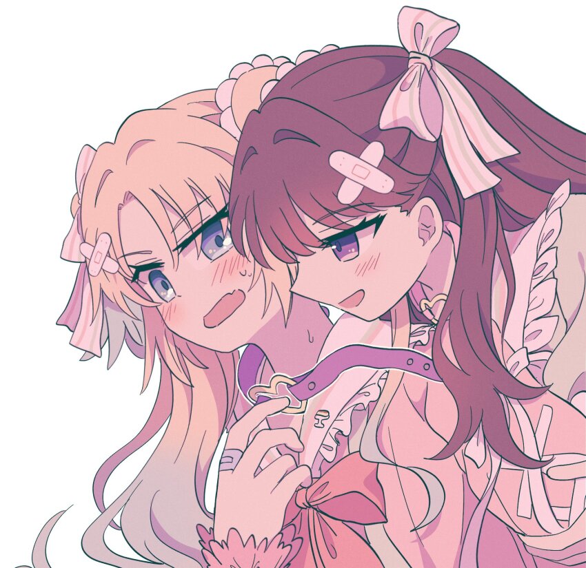 2girls :d aqua_dress aqua_hair bandaged_fingers bandaged_hand bandages bandaid bandaid_hair_ornament blonde_hair blue_eyes blush bow bowtie brown_hair choker commentary cross-laced_clothes cross-laced_sleeves dress fang flower frilled_sailor_collar frills fujishima_megumi gradient_hair hair_flower hair_ornament hair_ribbon hakuchu_a_la_mode heart heart_o-ring heart_ring_choker highres link!_like!_love_live! long_hair looking_at_another love_live! mira-cra_park! multicolored_hair multiple_girls o-ring o-ring_choker open_mouth osawa_rurino parted_bangs pink_dress pink_flower pinstripe_ribbon profile purple_choker purple_eyes red_bow red_bowtie revision ribbon sailor_collar sideways_mouth simple_background skin_fang smile sweat twintails two_side_up undone_choker upper_body virtual_youtuber watage_modoki white_background white_ribbon white_sailor_collar yuri