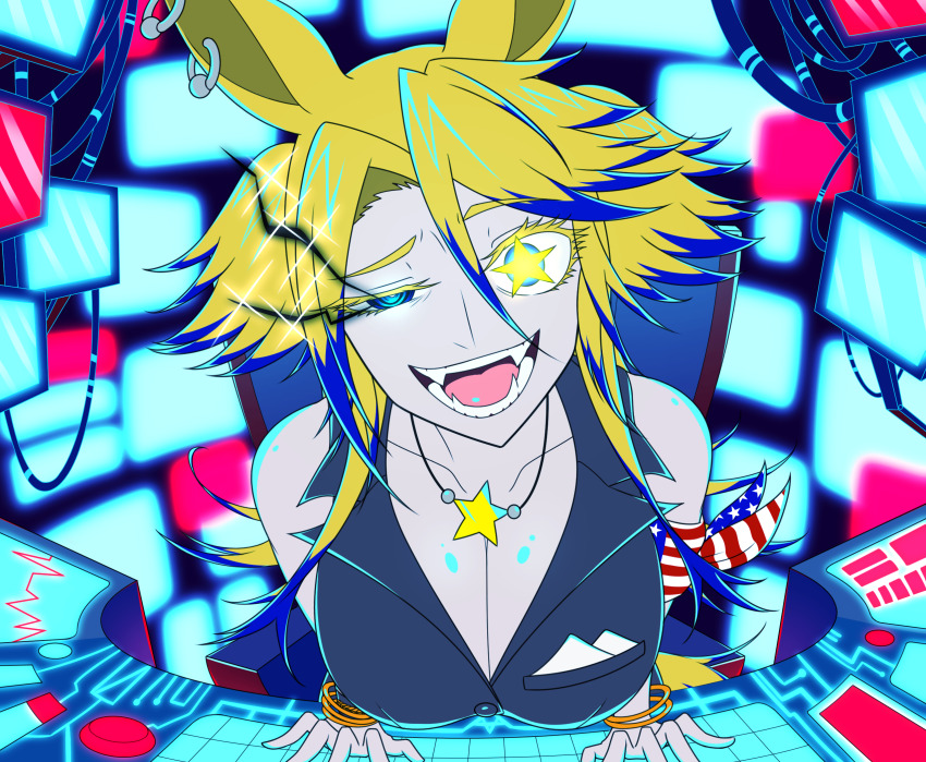 1girl american_flag american_flag_print animal_ears armband bangle bare_shoulders blonde_hair blue_hair bracelet breasts cleavage collarbone commentary crazy_eyes earrings english_commentary fangs flag_print hair_between_eyes hazbin_hotel highres horse_ears horse_girl imitating jewelry computer_keyboard long_hair looking_at_viewer mixed-language_commentary monitor multiple_monitors napkin nobu_(sfam7588) obey_your_master_(umamusume) open_mouth pendant rape_face scene_reference sidelocks solo sparkle star_(symbol) star_in_eye symbol_in_eye umamusume umamusume:_cinderella_gray uneven_eyes upper_body vox_(hazbin_hotel)