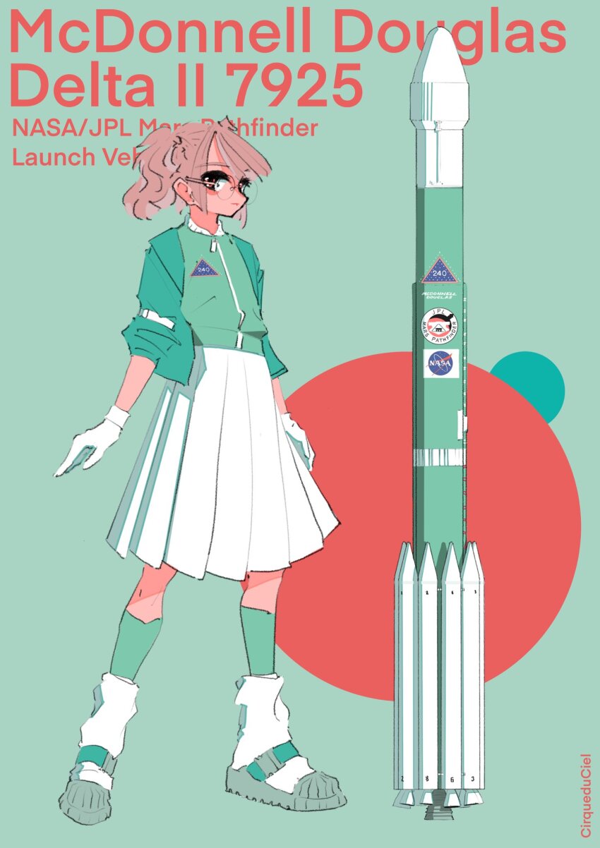 1girl armband brown_hair circle cirque_du_ciel coat commentary commentary_request dress english_commentary english_text expressionless glasses green_background green_coat green_jacket green_leggings green_sandals green_theme highres jacket leggings logo looking_at_viewer looking_to_the_side mixed-language_commentary nasa_logo open_clothes open_coat original personification pleated_dress red_background red_eyes rocket sandals short_hair simple_background sleeves_rolled_up socks twintails vehicle_and_personification white_armband white_dress white_socks zipper_pull_tab