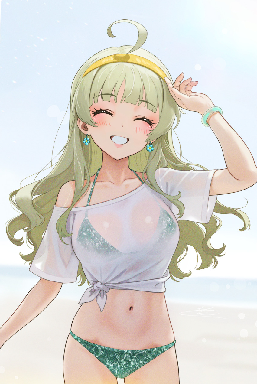 1girl ^_^ arm_up beach bikini bikini_under_clothes blush c_(theta) closed_eyes collarbone commentary_request cowboy_shot earrings facing_viewer flower_earrings green_bikini green_hair hairband halterneck highres idolmaster idolmaster_million_live! jewelry long_hair navel outdoors shimabara_elena shirt single_bare_shoulder smile solo stomach swimsuit t-shirt tied_shirt very_long_hair white_shirt yellow_hairband
