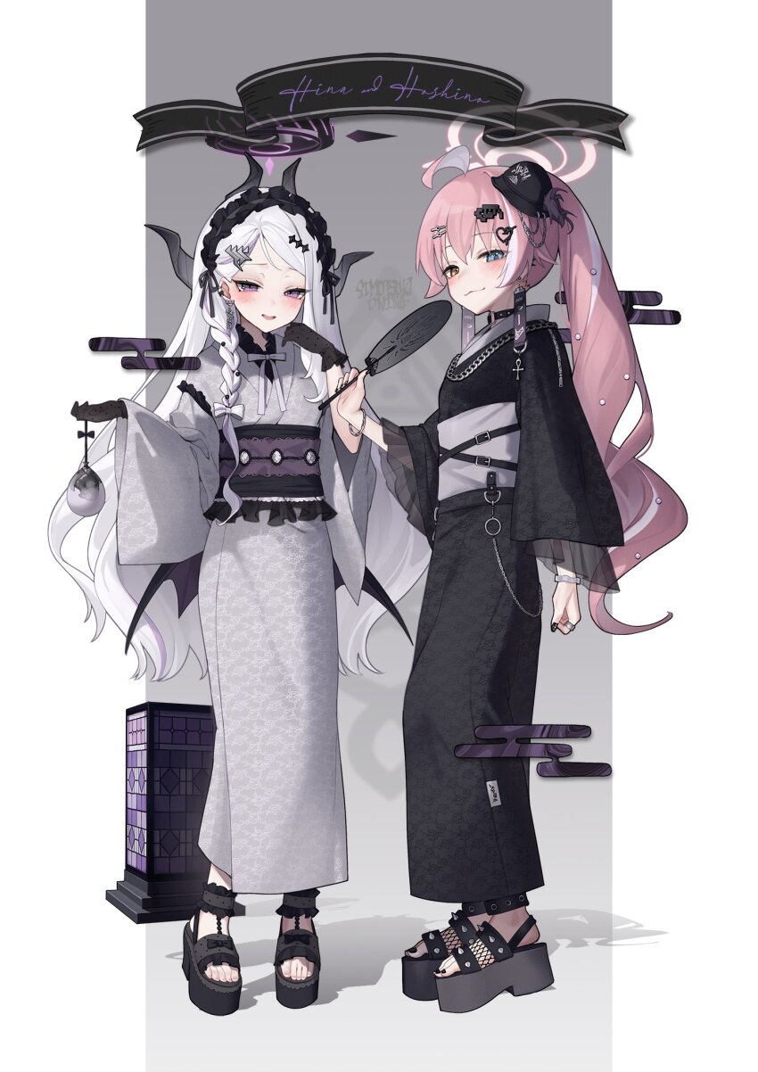 2girls ahoge alternate_costume black_gloves black_hairband black_halo black_horns black_kimono black_nails black_sandals blue_archive blue_eyes blush character_name commentary fingernails frilled_hairband frills full_body gloves grey_kimono grey_sash hairband halo hand_up hands_up heterochromia highres hina_(blue_archive) horns hoshino_(blue_archive) japanese_clothes jewelry kimono long_hair looking_at_viewer multiple_girls nail_polish obi oninaart parted_bangs parted_lips pink_hair purple_eyes purple_sash ring sandals sash standing toenail_polish toenails very_long_hair white_hair yellow_eyes