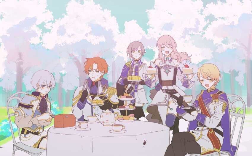 1other 2boys 2girls aiguillette akiyama_mizuki androgynous black_gloves black_pants blonde_hair blue_eyes blush bread bug cake cake_slice cup detached_sleeves food fork ganada_404 gloves green_eyes grey_hair hashtag-only_commentary high_collar highres hinomori_shiho holding holding_cup holding_fork holding_knife holding_plate holding_saucer jacket kaitou_shinshi_no_harahara!?_white_day_(project_sekai) knife loaf_of_bread multiple_boys multiple_girls official_alternate_costume official_alternate_hair_length official_alternate_hairstyle orange_hair pancake pants pink_hair plate project_sekai pudding relax_teatime_(project_sekai) saucer shinonome_akito shorts slicing sweatdrop table tablecloth teacup teapot tenma_tsukasa tiered_tray white_jacket white_shorts yoisaki_kanade