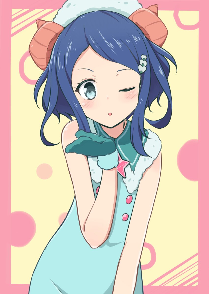 1girl absurdres bare_shoulders blue_dress blue_eyes blue_hair border cbgb cowboy_shot dress hair_ornament hand_up heart heart_hair_ornament highres horns looking_at_viewer mittens one_eye_closed pink_border pretty_rhythm pretty_rhythm_rainbow_live pretty_series rinne_(pretty_rhythm) sheep_horns short_hair sleeveless sleeveless_dress solo standing swept_bangs third-party_source