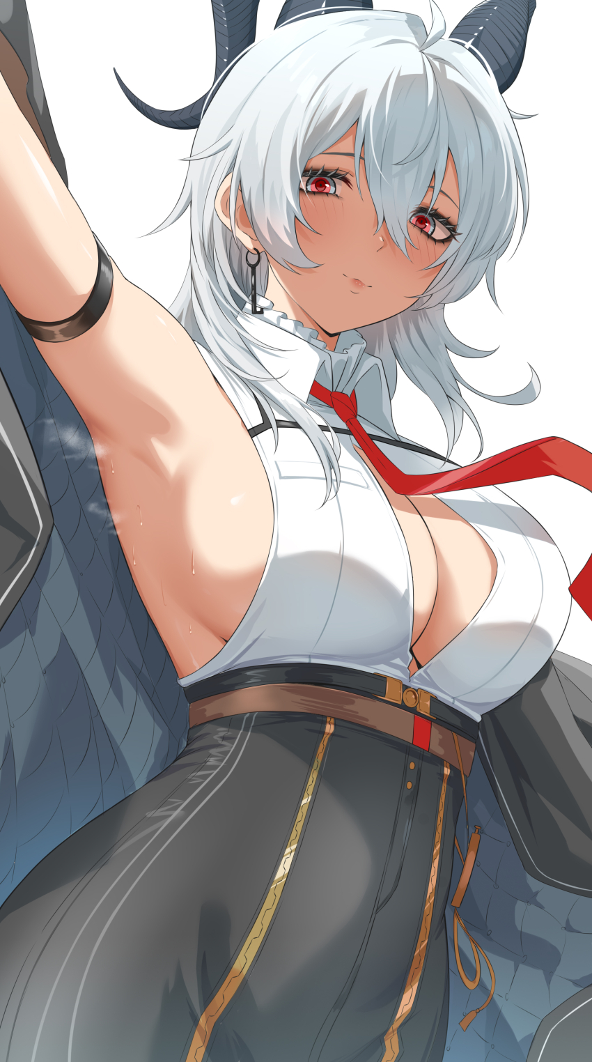 1girl absurdres adapted_costume ahoge arm_strap arm_up armpits breasts center_opening closed_mouth collared_shirt commentary curled_horns earrings grey_hair hair_between_eyes high-waist_pants highres horns jewelry large_breasts light_blush long_hair looking_at_viewer micchan_(micchanmeido) necktie pants red_eyes red_necktie shirt sideboob simple_background sleeveless sleeveless_shirt solo steaming_body sweat white_background white_shirt wuthering_waves zani_(wuthering_waves)