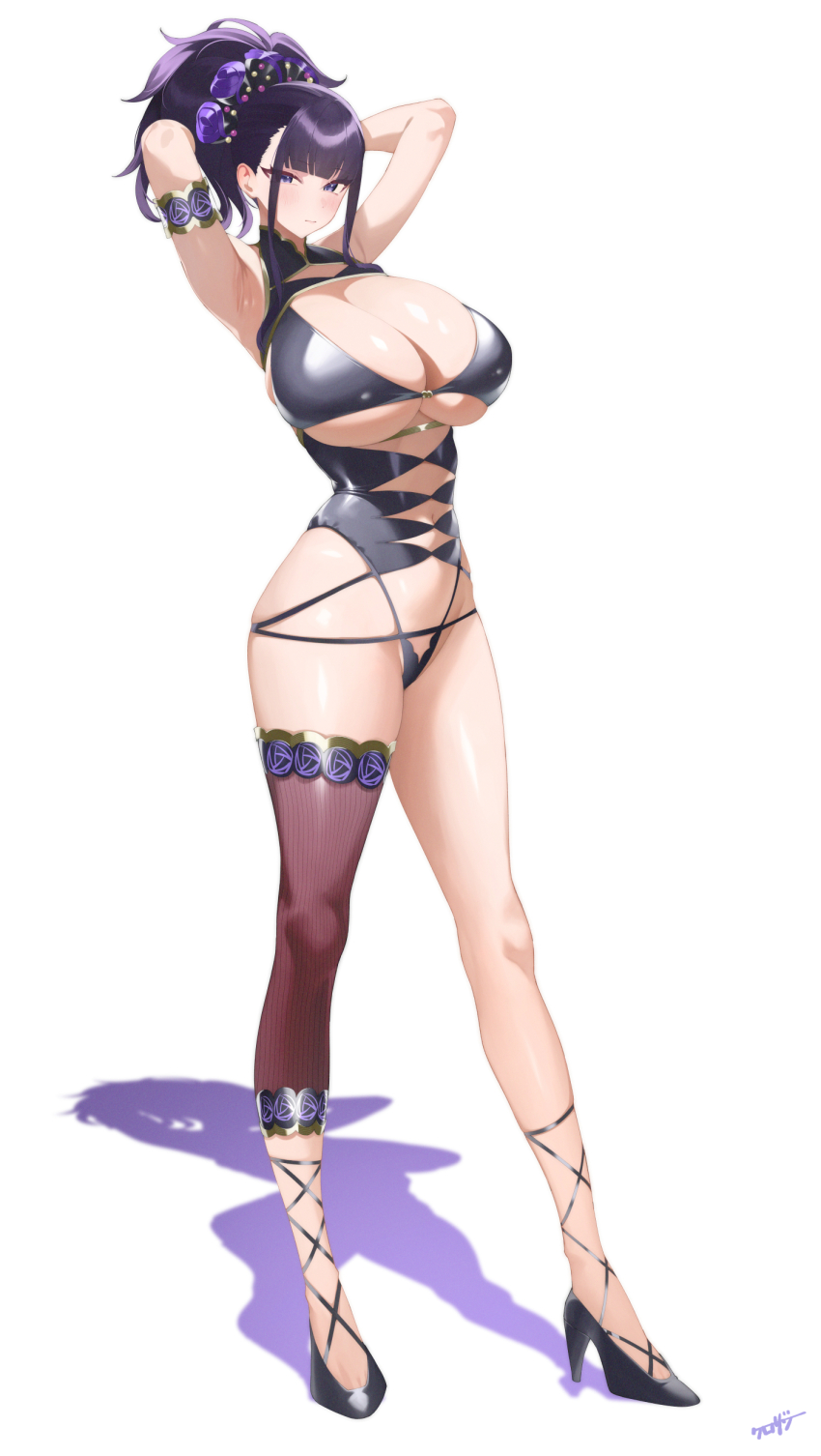 1girl absurdres armpits arms_up black_one-piece_swimsuit blue_eyes blush breasts closed_mouth diagonal_bangs fate/grand_order fate_(series) high_heels highres huge_breasts kurozawa_yui long_hair looking_at_viewer murasaki_shikibu_(fate) murasaki_shikibu_(swimsuit_rider)_(fate) one-piece_swimsuit ponytail purple_hair simple_background single_thighhigh solo standing swimsuit thighhighs thighs underboob white_background