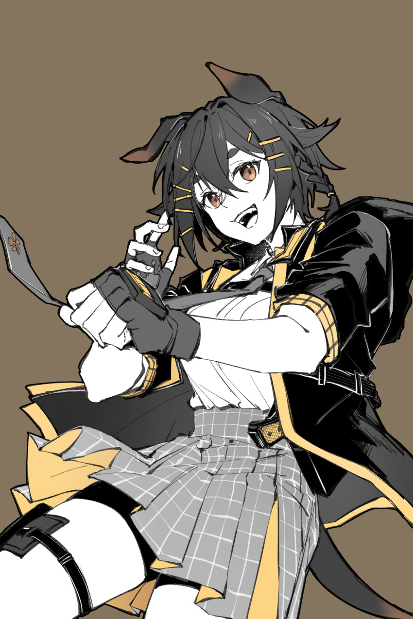 1girl :d animal_ears arknights bolo_tie braid brown_background brown_eyes chinese_commentary commentary_request cowboy_shot fingerless_gloves fingernails gloves hair_between_eyes hair_ornament hairclip highres jacket jackie_(arknights) looking_at_viewer open_clothes open_jacket open_mouth partial_commentary partially_colored piaoliu_ping_ping_ping_pingzi plaid_clothes plaid_skirt pleated_skirt shirt shirt_tucked_in short_sleeves simple_background skirt smile solo standing tail thigh_strap upper_body