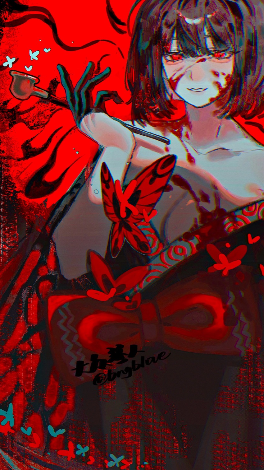 1girl absurdres alternate_costume black_gloves black_hair black_kimono blood blood_on_face bngb_love bob_cut breasts bug butterfly cleavage gloves highres holding holding_smoking_pipe insect japanese_clothes kimono limbus_company long_sleeves looking_at_viewer project_moon red_background red_butterfly red_eyes ryoshu_(project_moon) short_hair simple_background smile smoking_pipe solo upper_body