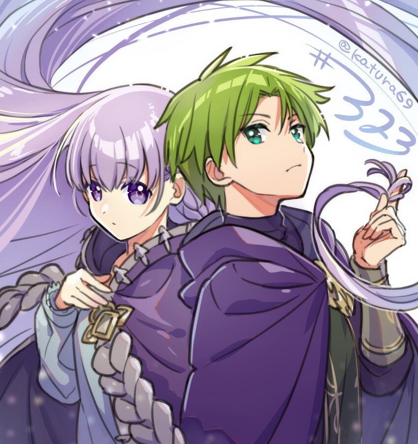 1boy 1girl absurdres blue_eyes cape closed_mouth fire_emblem fire_emblem:_the_binding_blade green_hair highres holding_another&#039;s_hair katsura_ichiho long_hair long_sleeves looking_at_viewer nintendo purple_cape purple_eyes purple_hair raigh_(fire_emblem) short_hair sophia_(fire_emblem) twitter_username upper_body very_long_hair white_background