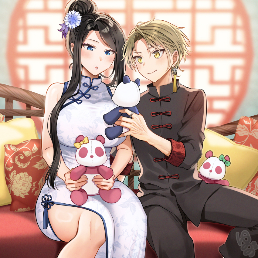 1boy 1girl asuma_mitsuya_(yunamaro) black_hair black_pants black_shirt blonde_hair blue_eyes breasts china_dress chinese_clothes closed_mouth dress earrings floral_print flower hair_bun hair_flower hair_ornament highres holding holding_stuffed_toy jewelry large_breasts long_hair original pants pillow ring shirt short_hair side_slit signature sitting sleeveless sleeveless_dress slit_pupils stuffed_animal stuffed_panda stuffed_toy tassel tassel_earrings white_dress white_flower yaotome_tsuyako_(yunamaro) yellow_eyes yunamaro