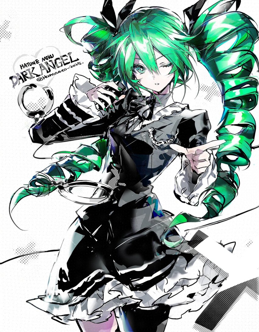 1girl asymmetrical_legwear black_dress black_ribbon black_thighhighs collared_dress cuffs dress drill_hair expressionless floating_hair frilled_dress frilled_sleeves frills green_eyes green_hair green_nails hair_between_eyes hair_ribbon hanaseto handcuffs hatsune_miku hatsune_miku_(dark_angel) highres himitsu_keisatsu_(vocaloid) juliet_sleeves long_hair long_sleeves neck_ribbon one_eye_closed open_mouth pointing project_diva_(series) project_diva_f puffy_sleeves ribbon sidelocks solo thighhighs twin_drills twitter_username vocaloid