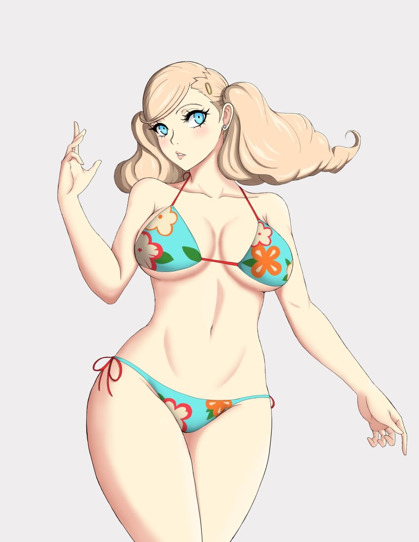 1girl aqua_bikini bikini blonde_hair blue_eyes breasts cleavage collarbone cowboy_shot earrings floating_hair floral_print_bikini hair_ornament hairclip hand_up highres jewelry large_breasts long_hair nahone_peko navel parted_lips persona persona_5 simple_background solo stomach stud_earrings swimsuit takamaki_anne twintails wavy_hair white_background