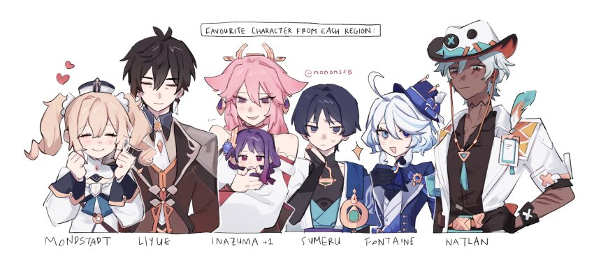 3boys 4girls ahoge animal_ears aqua_belt aqua_eyes aqua_gemstone arm_at_side arm_behind_back armor ascot asymmetrical_sleeves bags_under_eyes barbara_(genshin_impact) belt black_bodysuit black_bridal_gauntlets black_eyes black_gloves black_hair black_undershirt blonde_hair blue_brooch blue_cape blue_eyes blue_hair blue_hat blue_kimono blunt_ends blush bodysuit bow bridal_gauntlets bright_pupils brown_sleeves brown_suit brown_vest cape clenched_hands closed_eyes closed_mouth coat collar cowboy_hat cropped_torso cross cross_print dark-skinned_male dark_skin detached_collar detached_sleeves dress earrings english_text eyelash_ornament facing_viewer feathers flower formal_clothes fox_ears fox_girl fringe_trim furina_(genshin_impact) gem genshin_impact gloves gold gold_ring grey_collar hair_between_eyes hair_flower hair_ornament hand_on_own_chest hand_on_own_hip hand_on_own_neck hand_up hands_up hat hat_bow heterochromia highres holding holding_mini_person ifa_(genshin_impact) jacket japanese_armor japanese_clothes jewelry juban kimono kote kurokote lab_coat lapels layered_sleeves long_hair long_sleeves looking_at_another looking_at_viewer low-braided_long_hair low-tied_long_hair mandarin_collar middle_ring mini_hat mini_person mini_top_hat minigirl mismatched_pupils mole mole_under_eye multicolored_hair multiple_boys multiple_girls nonons nontraditional_miko o-ring open_clothes open_coat open_kimono open_mouth pink_hair purple_ascot purple_bow purple_eyes purple_flower purple_hair purple_jacket purple_pupils purple_sash purple_sleeves purple_suit raiden_shogun red_sleeves ringlets sash scar scar_across_eye scar_on_arm scar_on_face scaramouche_(genshin_impact) short_hair shoulder_peek sidelocks smile streaked_hair suit suit_jacket sweatdrop tassel tassel_earrings top_hat twintails vest vision_(genshin_impact) wanderer_(genshin_impact) white_background white_coat white_collar white_dress white_hair white_hat white_kimono white_pupils white_sleeves white_trim white_vest wispy_bangs yae_miko zhongli_(genshin_impact)
