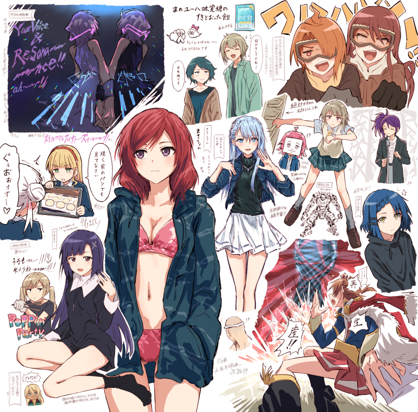 !? 1boy 6+girls arashi_chisato bang_dream! bikini black_dress black_hoodie black_socks black_sweater blue_eyes blue_hair blue_jacket blue_shirt blur_censor bocchi_the_rock! bread_bun breasts brown_hair bullfalk censored censored_text character_request cleavage collarbone commentary_request copyright_request cosplay cross cross_necklace curtained_hair dark-skinned_male dark_skin drawing_(object) dress drumsticks fur-trimmed_jacket fur_trim gluteal_fold goggles green_hair green_jacket gundam gundam_suisei_no_majo hair_ornament heanna_sumire highres holding holding_drumsticks holding_hands hood hooded_jacket hoodie ichigaya_arisa interlocked_fingers jacket jacket_on_shoulders jacket_over_swimsuit jewelry long_sleeves love_live! love_live!_nijigasaki_high_school_idol_club love_live!_school_idol_project love_live!_superstar!! medium_breasts medium_hair miniskirt multiple_girls nakasu_kasumi navel necklace never_gonna_give_you_up open_clothes open_jacket pink_bikini pleated_skirt purple_eyes purple_hair red_hair red_jacket red_skirt rick_astley rick_astley_(cosplay) rina-chan_board school_uniform shaddiq_zenelli shirt short_dress shoujo_kageki_revue_starlight side_ponytail ski_goggles skirt sleeveless sleeveless_dress socks speech_bubble standing stomach sweater swimsuit tennoji_rina translation_request turtleneck turtleneck_sweater twintails white_skirt winter_uniform x_hair_ornament yamada_ryo yuigaoka_school_uniform