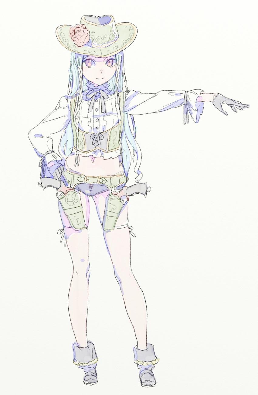 1girl absurdres bad_feet boots braid cowboy_hat crop_top enkyo_yuuichirou female_focus gloves green_hair gun handgun hat highres long_hair midriff navel original revolver short_shorts shorts simple_background smile solo weapon