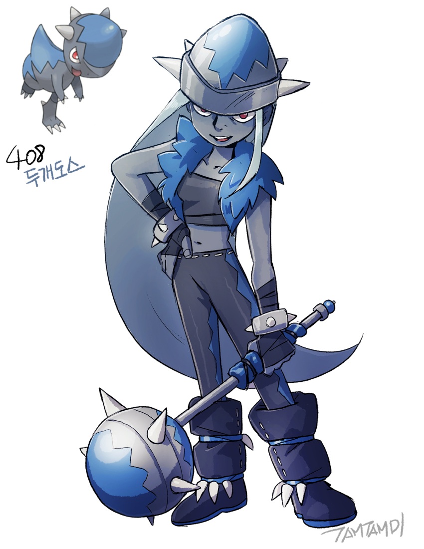 1girl artist_name blue_vest boots bracelet colored_skin cranidos creature_and_personification full_body game_freak gen_4_pokemon grey_footwear grey_hair grey_helmet grey_pants grey_shirt grey_skin hand_on_own_hip helmet highres holding holding_mace holding_weapon jewelry korean_commentary long_hair looking_at_viewer mace midriff navel nintendo open_clothes open_mouth open_vest pants personification pokemon pokemon_(creature) red_eyes reference_inset shirt signature simple_background spiked_bracelet spiked_mace spikes standing tamtamdi translated very_long_hair vest weapon white_background
