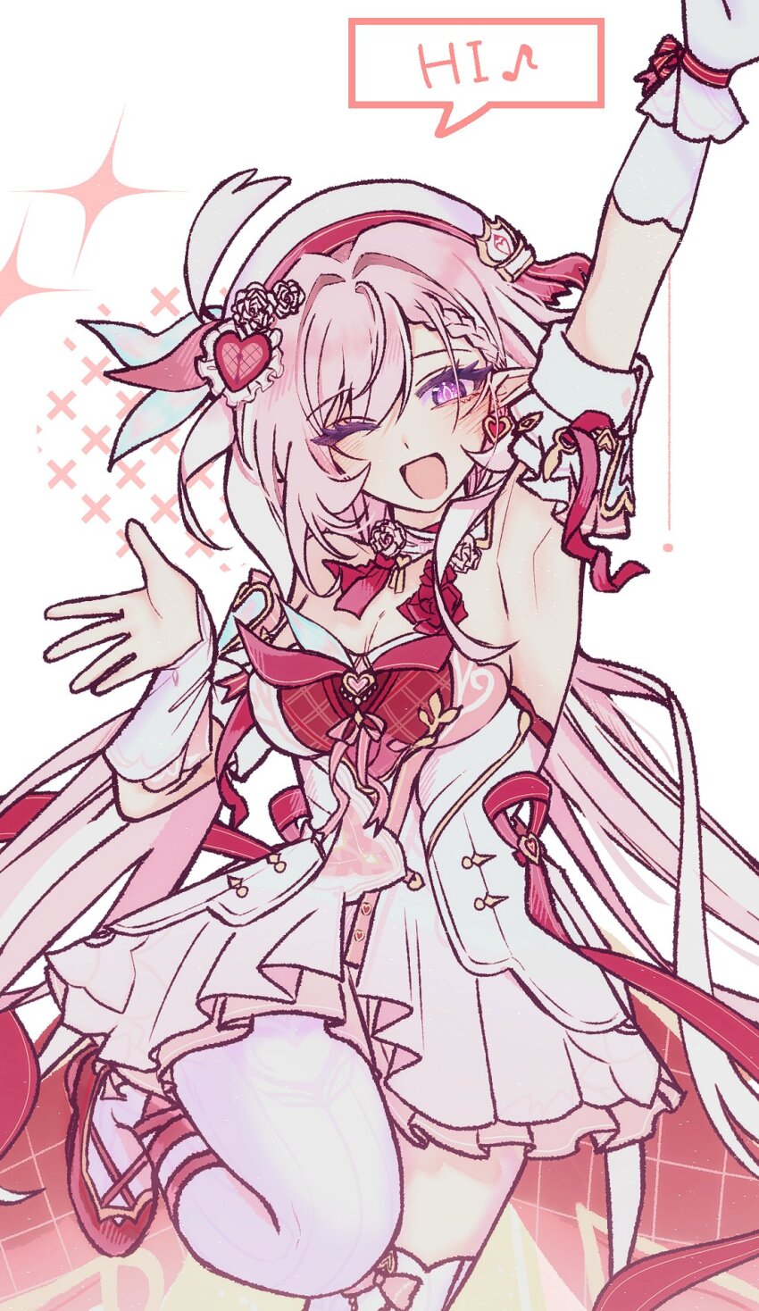 1girl ;o arm_up armpits beret breasts commentary_request diamond-shaped_pupils diamond_(shape) dress earrings elf elysia_(hi_love_elf)_(honkai_impact) elysia_(honkai_impact) gloves hat heart heart_earrings high_heels highres honkai_(series) honkai_impact_3rd instrument jewelry kin_(k27i7n) korean_commentary large_breasts long_hair looking_at_viewer one_eye_closed pink_hair pointy_ears purple_eyes red_dress solo speech_bubble symbol-shaped_pupils thighhighs trumpet very_long_hair white_dress white_gloves white_thighhighs