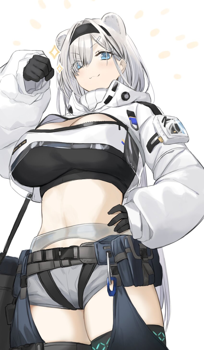 1girl :3 absurdres animal_ears arknights aurora_(arknights) bear_ears bear_girl belt black_gloves black_hairband black_shirt blue_eyes breasts chaps cleavage clenched_teeth commentary cowboy_shot ganesagi gloves grey_hair grey_shorts hair_over_one_eye hairband highres infection_monitor_(arknights) jacket large_breasts long_hair looking_at_viewer midriff pouch shirt shorts simple_background smile solo teeth white_background white_jacket