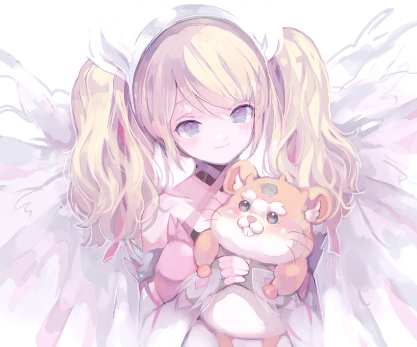 1girl angel_wings blonde_hair blue_eyes blush dress gloves halterneck halterneck headband highres holding holding_stuffed_toy long_hair original overwatch overwatch_1 pink_shirt shirt smile solo stuffed_hamster stuffed_toy twintails upper_body white_headband wings yukari_(rihenara_doll)