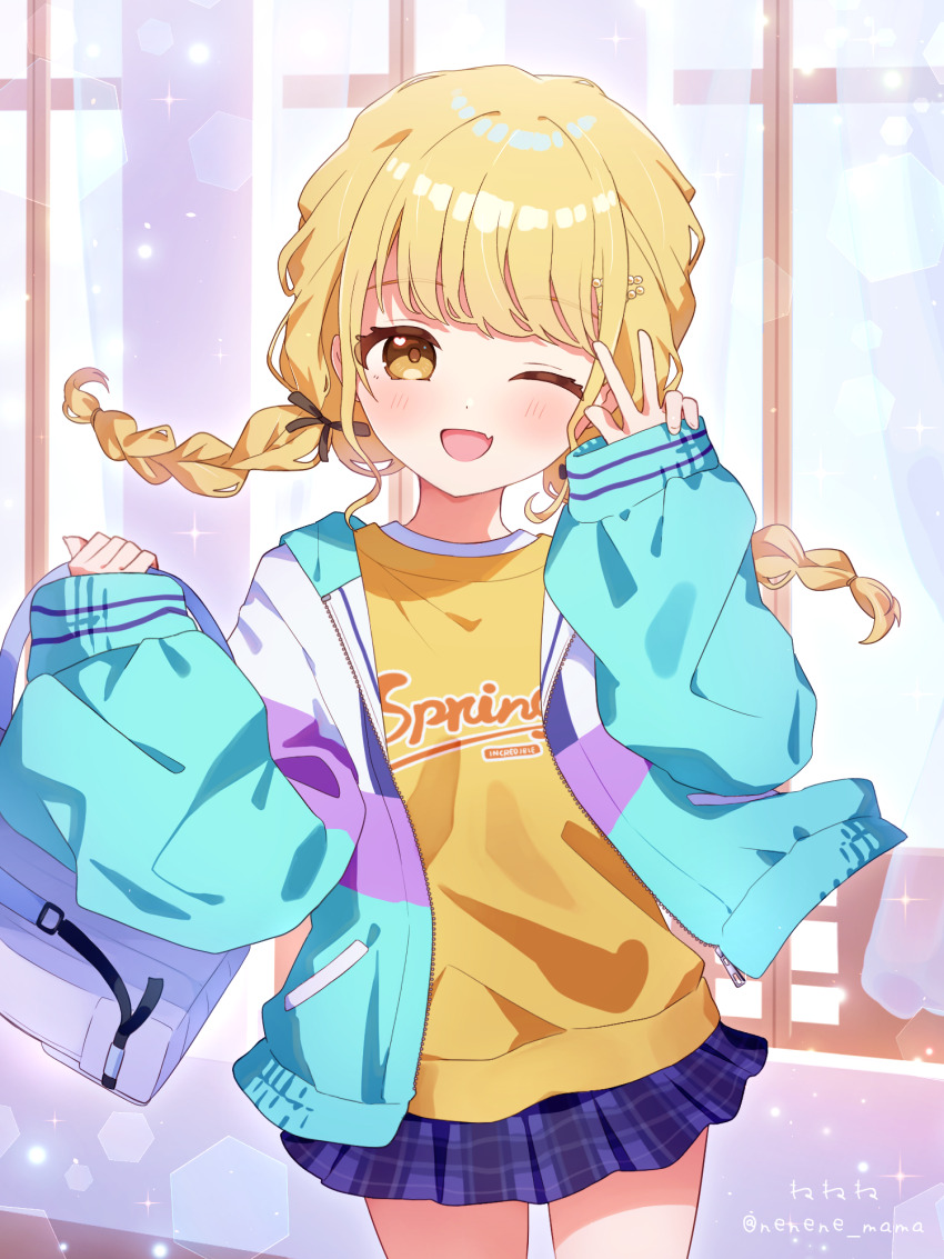 1girl ;d artist_name black_ribbon blonde_hair blue_jacket blue_skirt blush braid commentary_request cowboy_shot fang fujita_kotone gakuen_idolmaster hair_ornament hair_ribbon hairclip hands_up heart heart_in_eye highres idolmaster jacket long_hair long_sleeves looking_at_viewer miniskirt nene_man one_eye_closed open_clothes open_jacket open_mouth plaid_clothes plaid_skirt pleated_skirt ribbon shirt skin_fang skirt smile solo symbol_in_eye twin_braids twitter_username w yellow_eyes yellow_shirt zipper