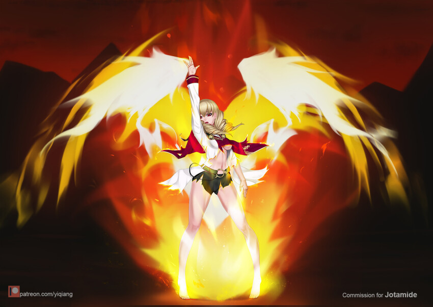 1girl arm_up blonde_hair burnt_clothes commission drill_hair erika_wagner fire patreon_username red_eyes under_night_in-birth under_night_in-birth_exe:late[st] yiqiang