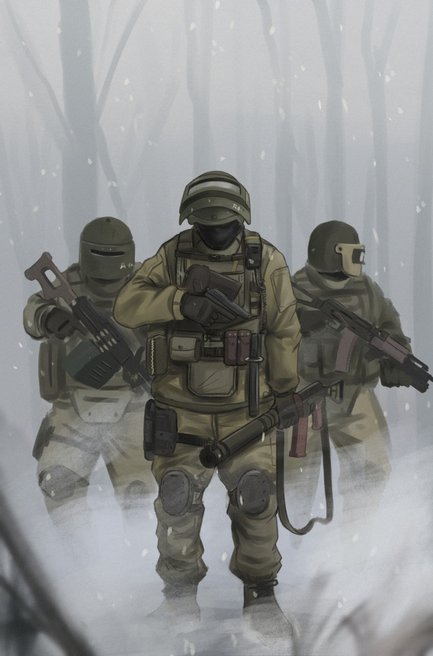 3boys ak-74 altyn_helmet ammunition_pouch as_val assault_rifle black_gloves boots brown_footwear bulletproof_vest combat_helmet commentary english_commentary faceless faceless_male full_body gloves gp-25 green_helmet green_jacket green_pants grenade_launcher gun gun_sling handgun helmet highres holding holding_weapon holster jacket kalashnikov_rifle knee_pads looking_at_viewer looking_down machine_gun makarov_pm military military_combat_uniform military_uniform multiple_boys original outdoors pants parabellum pk_machine_gun pouch rifle russian_text snow solo_focus thigh_holster thigh_pouch trigger_discipline underbarrel_grenade_launcher weapon