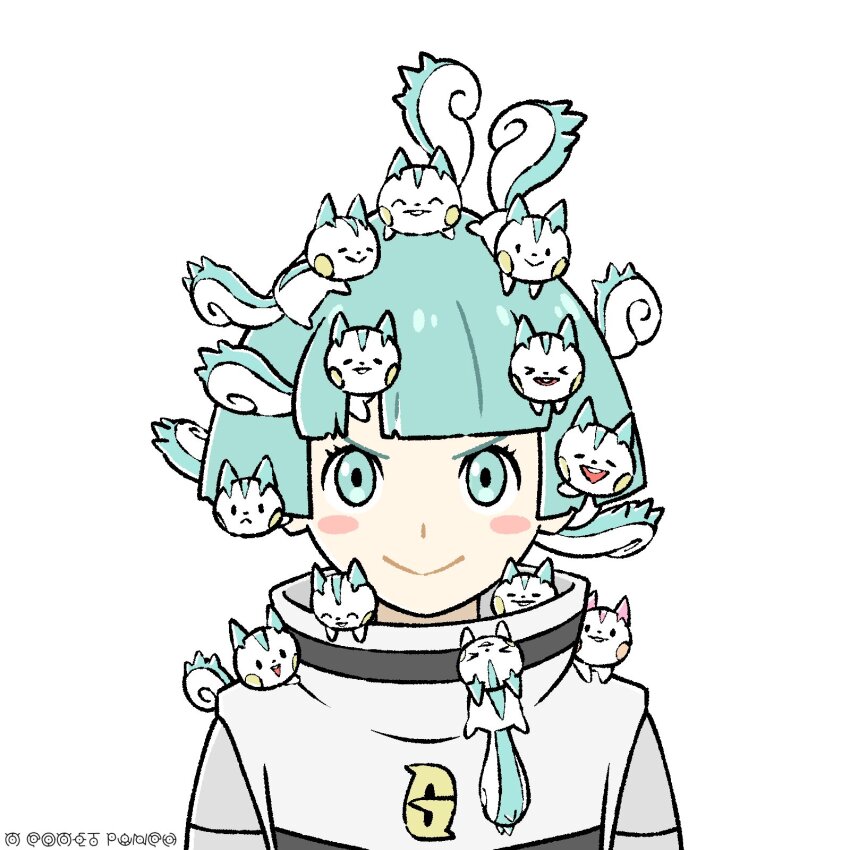 1girl animal aqua_eyes aqua_hair closed_mouth commentary_request gen_4_pokemon highres komepan nintendo pachirisu pokemon pokemon_(creature) pokemon_dppt short_hair simple_background smile squirrel tail team_galactic_grunt unownglyphics upper_body v-shaped_eyebrows white_background