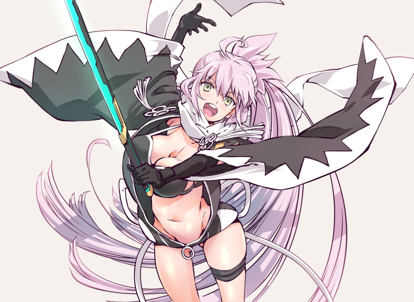 :d bikini black_bikini black_gloves breasts cleavage fate/grand_order fate_(series) gloves gluteal_fold green_eyes highres holding holding_sword holding_weapon jacket katana long_hair navel okita_j._souji_(fate) okita_j._souji_(second_ascension)_(fate) okita_souji_(fate) okita_souji_(koha-ace) open_clothes open_jacket open_mouth ponytail purple_hair smile suzuki24 swimsuit sword teeth very_long_hair weapon