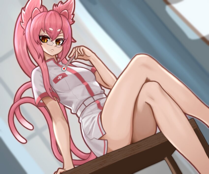 1girl 2024 alternate_costume animal_ears arc_system_works arm_support ass blazblue blurry blurry_background breasts cat_ears cat_girl cat_tail closed_mouth collarbone collared_shirt commentary crossed_legs depth_of_field dutch_angle english_commentary eyebrows_hidden_by_hair facial_mark feet_out_of_frame female_focus forehead_mark frown glasses head_tilt indoors kokonoe_(blazblue) long_hair multiple_tails nerosynt nurse pince-nez pink_hair ponytail popped_collar red_eyes red_trim shirt short_sleeves sitting skirt slit_pupils small_breasts solo table tail thermometer thighs v-shaped_eyebrows very_long_hair white_shirt white_skirt
