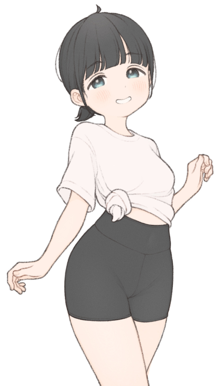1girl 1ssakawaguchi absurdres ahoge bike_shorts black_hair black_shorts blue_eyes breasts cowboy_shot grin highres ichika_(1ssakawaguchi) legs_together light_blush looking_at_viewer low_ponytail midriff original pear_shaped_figure petite ponytail shirt short_hair short_ponytail short_shorts short_sleeves shorts simple_background small_breasts smile solo standing t-shirt tied_shirt white_background white_shirt