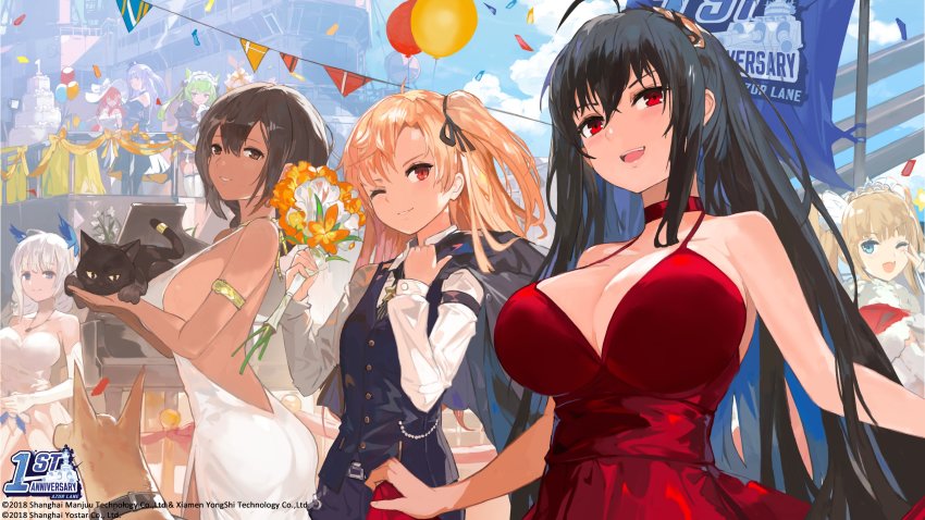 6+girls :d absurdres ahoge ajax_(azur_lane) ajax_(party_queen)_(azur_lane) akashi_(azur_lane) akashi_(the_black_cat_cometh!)_(azur_lane) alternate_costume amazon_(azur_lane) amazon_(little_orchestra)_(azur_lane) animal armlet artist_request azur_lane backless_dress backless_outfit bare_shoulders black_cat black_hair black_ribbon blonde_hair blue_eyes blue_jacket blush bouquet bow braid breasts brown_eyes brown_hair cat choker cleavage cleveland_(azur_lane) cleveland_(gentry_knight)_(azur_lane) cleveland_(heartfelt_moment)_(azur_lane) cocktail_dress collarbone collared_shirt crossed_bangs dark-skinned_female dark_skin diadem dog dress elbow_gloves fang flower gloves hair_between_eyes hair_ornament hair_ribbon hat hat_bow highres holding holding_animal holding_bouquet holding_cat huge_breasts illustrious_(azur_lane) illustrious_(illustrious_ball)_(azur_lane) jacket jewelry large_breasts long_hair looking_at_viewer monarch_(azur_lane) monarch_(white_warrick)_(azur_lane) multiple_girls native_american official_alternate_costume official_art one_eye_closed one_side_up open_mouth parted_lips ponytail purple_hair red_choker red_dress red_eyes red_hair ribbon shirt sidelocks smile south_dakota_(azur_lane) south_dakota_(solo_concert)_(azur_lane) strapless strapless_dress sun_hat taihou_(azur_lane) taihou_(forbidden_fruit)_(azur_lane) teeth twintails two_side_up v very_long_hair white_dress white_gloves white_hair white_headwear